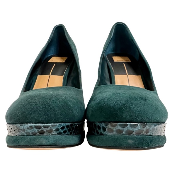 Dolce Vita Veile Suede Block Heels Platform Teal Green Faux Snake Skin Trim 10 - Picture 7 of 17